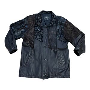 Pelle New York Milano Leather Coat Women Size L  Black Floral Loose Button VTG